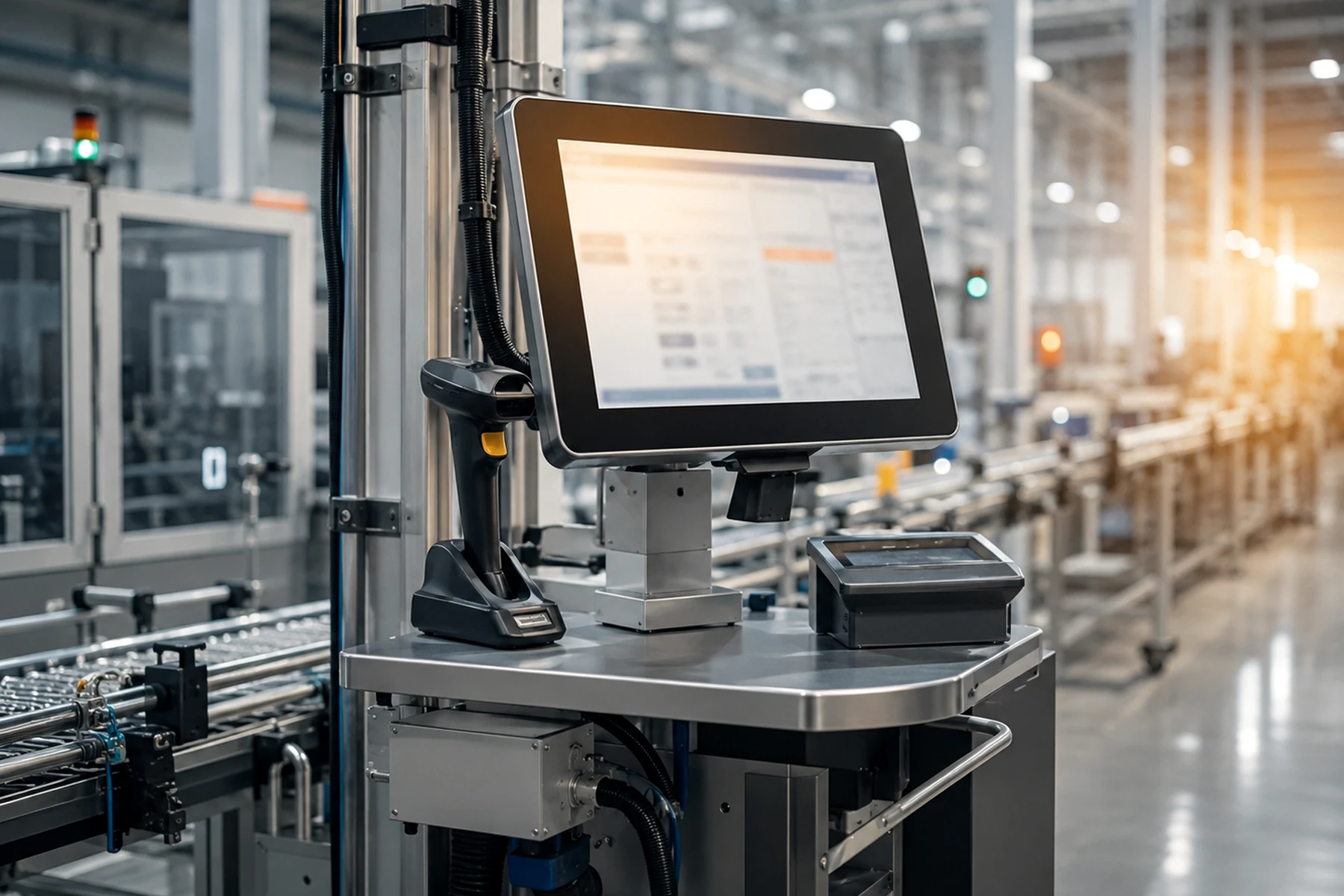 Écran de production et terminal de scan utilisés sur un poste opérateur