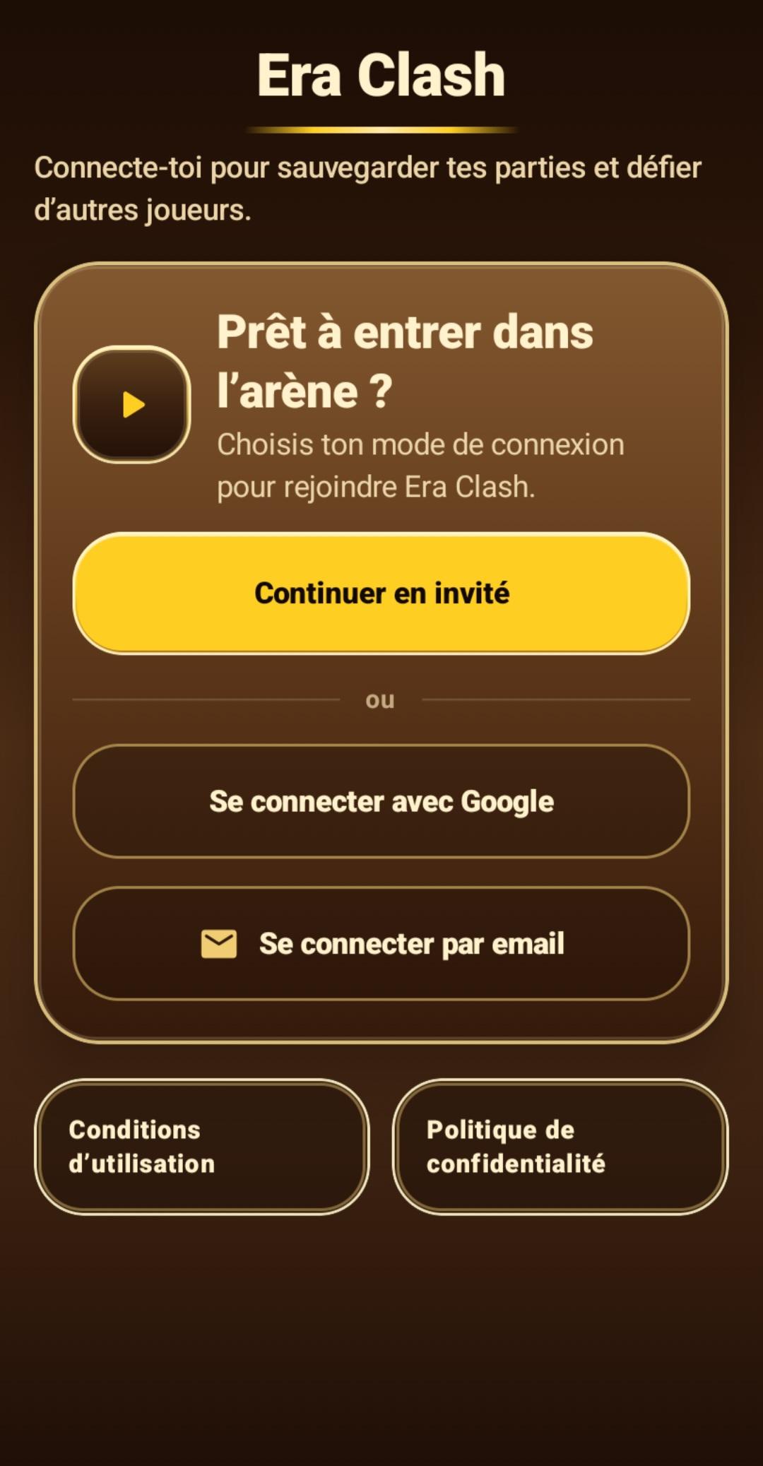 Écran de connexion Era Clash