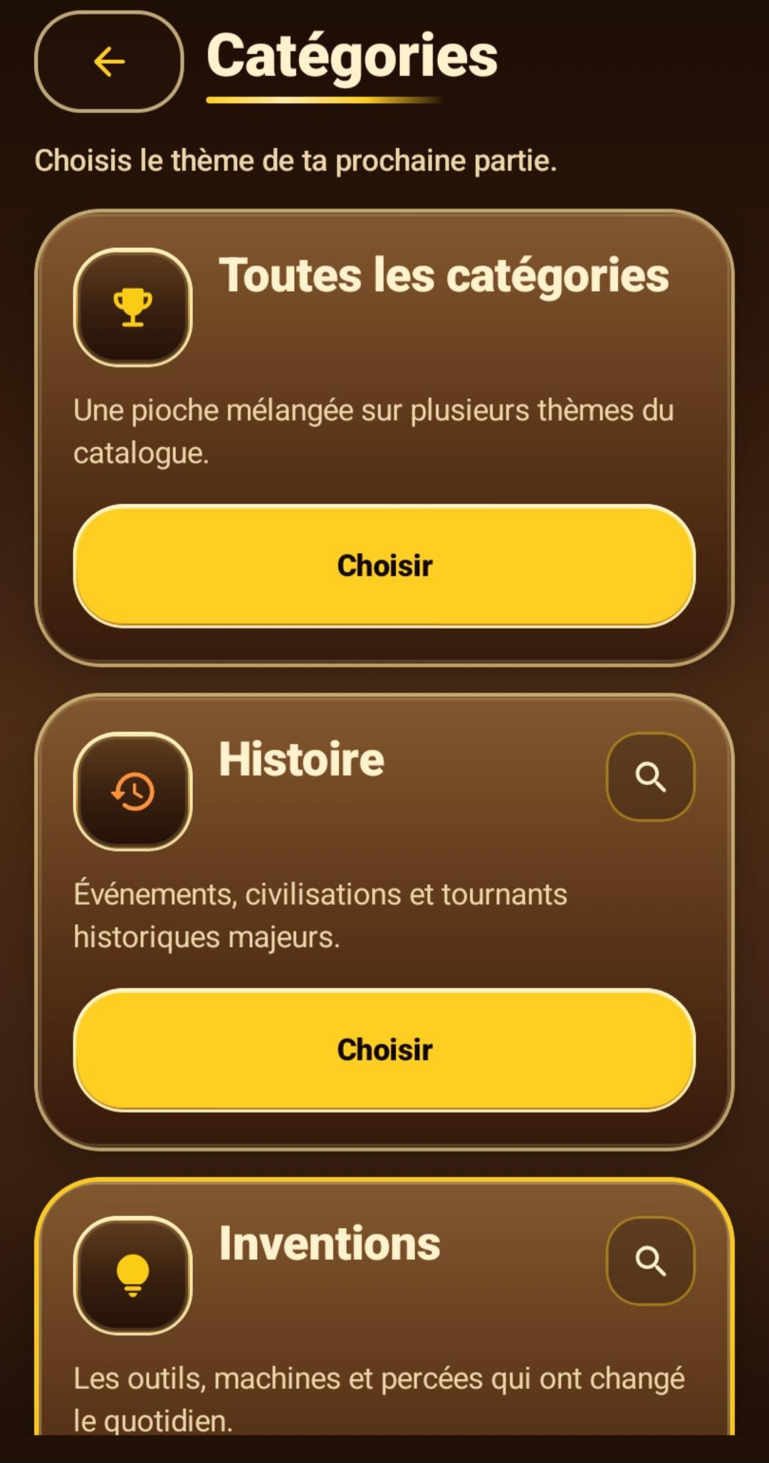 Sélection des catégories dans Era Clash