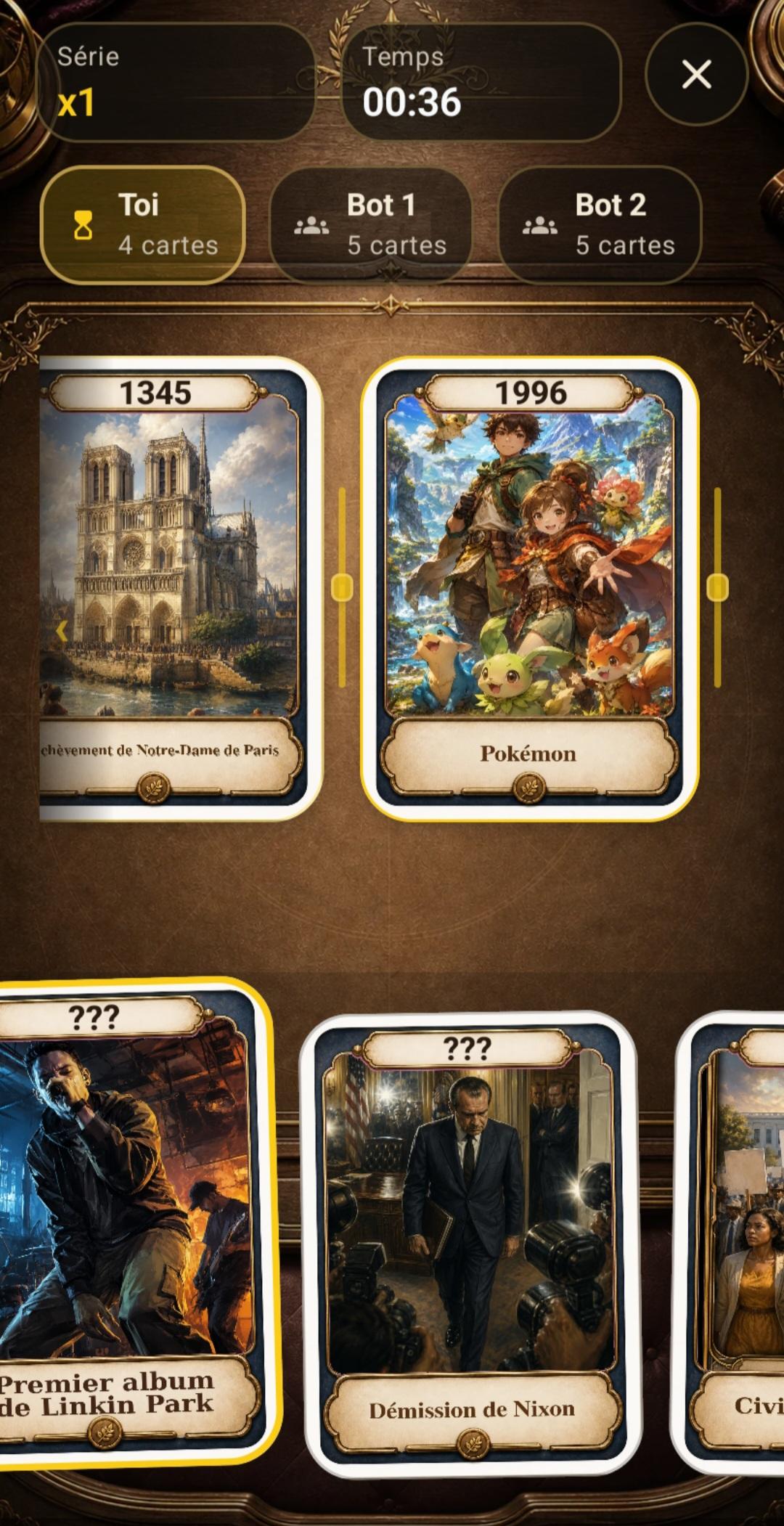 Écran de jeu Era Clash avec cartes chronologiques