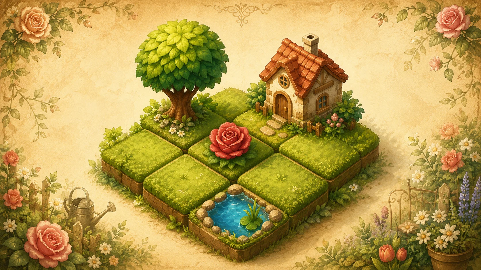 Jardin miniature illustré de Rule Garden avec arbre, maison, rose et bassin