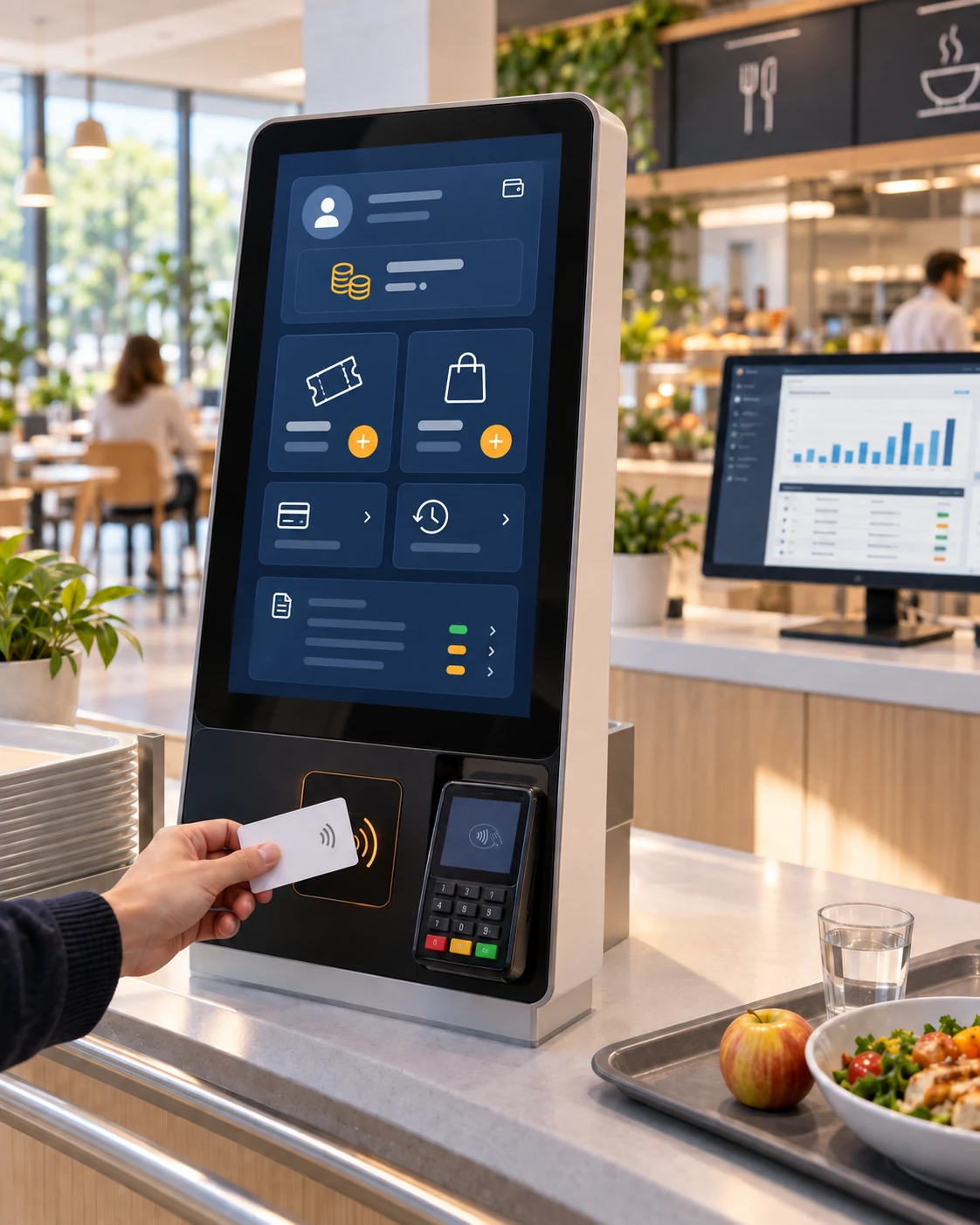 Borne du self connecté avec badge NFC, paiement et interface de gestion