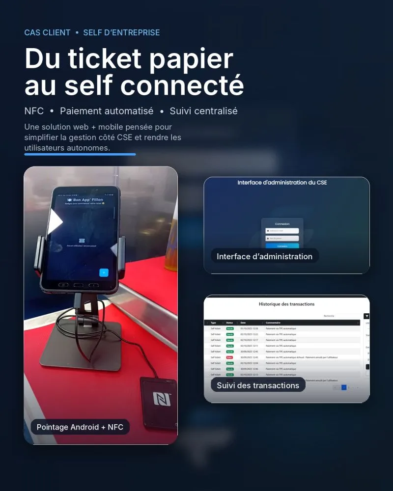 Self d’entreprise connecté avec application Android NFC et interface d’administration